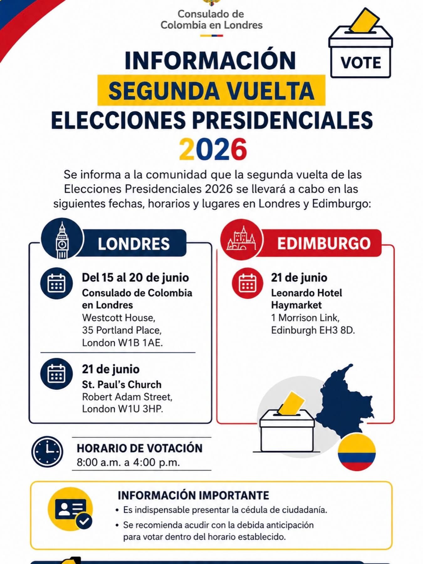 LUGAR DE VOTACIONES ELECCIONES PRESIDENCIALES SEGUNDA VUELTA 2026.